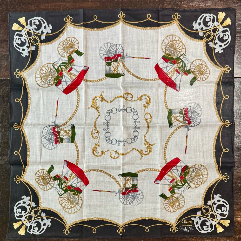 Celine Handkerchief Scarf with Carriage and Chain Design